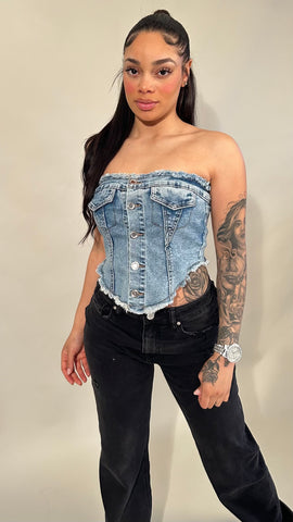 Aubree Strapless Light Wash Denim Cargo Jumpsuit