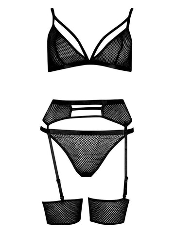 Strapping Lace Bralette Thong and Suspender Set