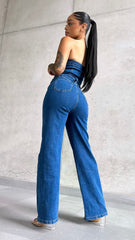 Vintage Wash Bandeau Wide Leg Denim Jumpsuit