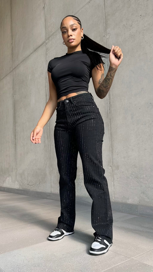 Rhinestone Straight Leg Jeans Black