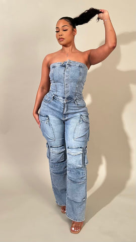Grey Denim Multi Pockets Cargo Jumpsuit