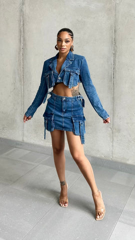 Black Washed Denim Cargo Skirt
