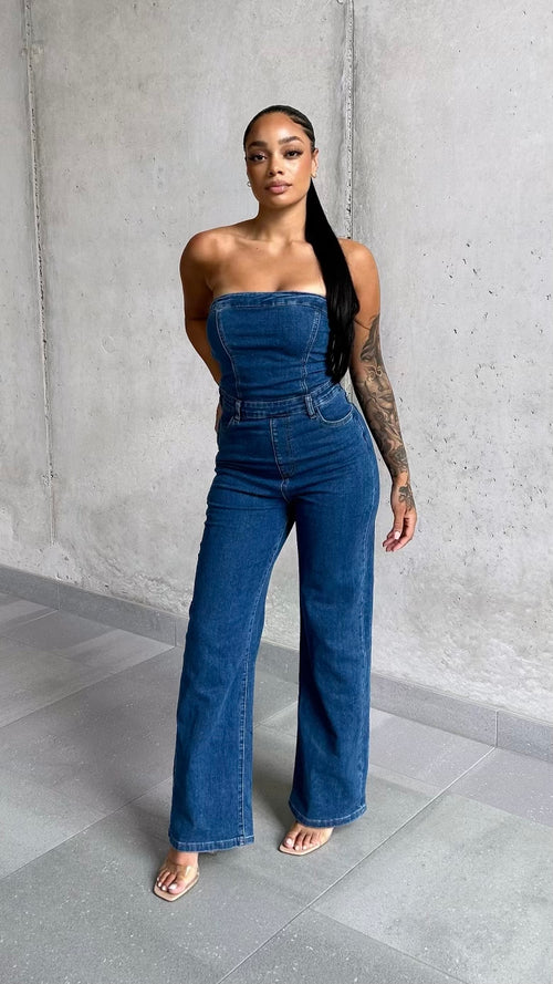 Vintage Wash Bandeau Wide Leg Denim Jumpsuit