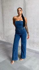 Vintage Wash Bandeau Wide Leg Denim Jumpsuit