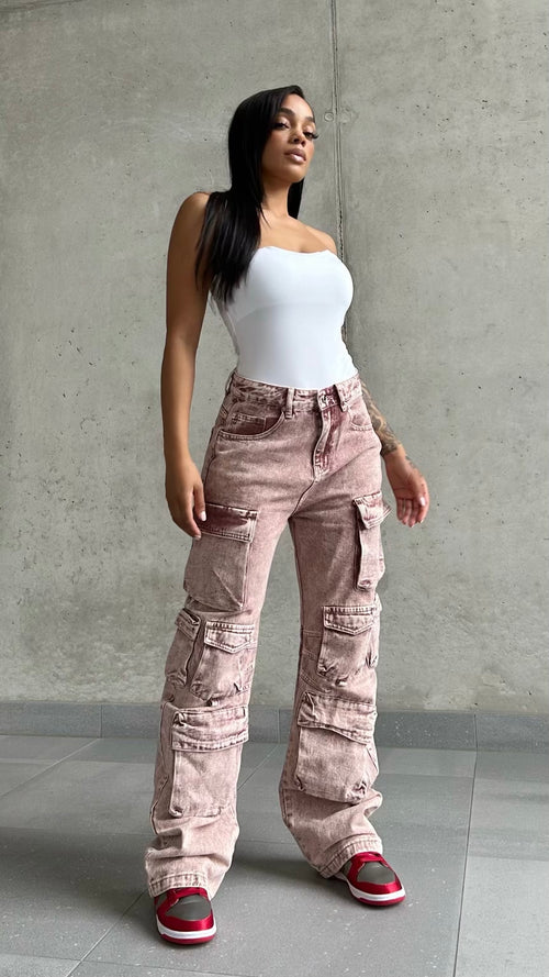 Burgundy Acid Wash Cargo Jeans