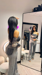 Dark Smoke Printed Mesh Ruched Bardot Bodysuit