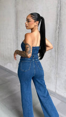 Vintage Wash Bandeau Wide Leg Denim Jumpsuit