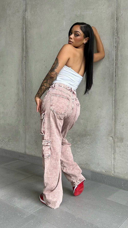 Burgundy Acid Wash Cargo Jeans