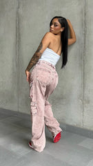 Burgundy Acid Wash Cargo Jeans