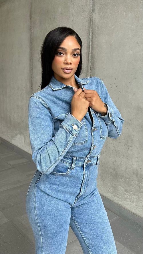 Straight Leg Denim Jumpsuit