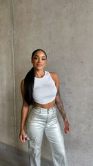 Silver Coated Straight Leg Cargo Jeans