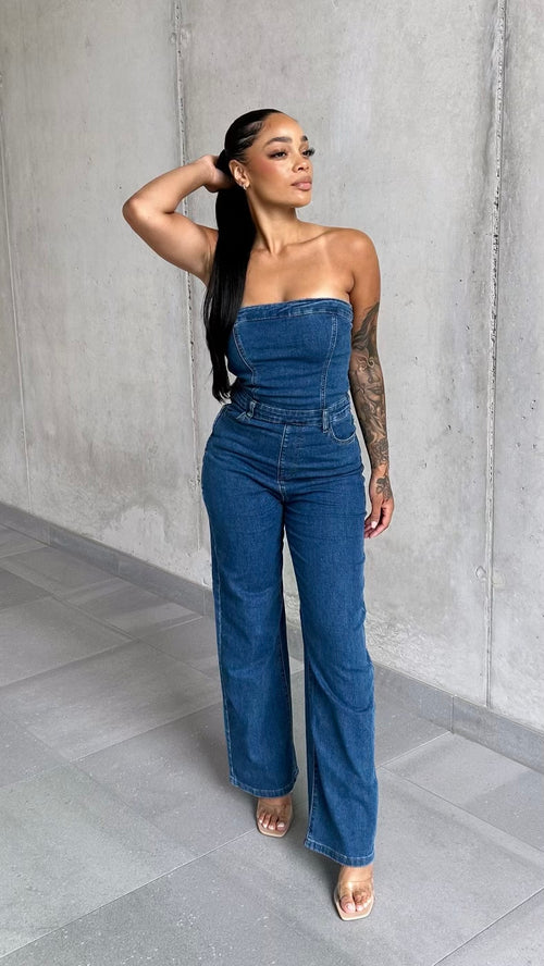 Vintage Wash Bandeau Wide Leg Denim Jumpsuit