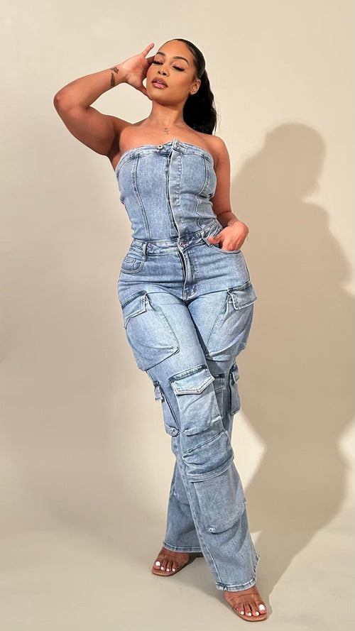 Aubree Strapless Light Wash Denim Cargo Jumpsuit