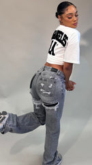 Juno Grey Washed Back Side Ripped Wide Leg Jeans