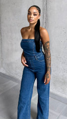 Vintage Wash Bandeau Wide Leg Denim Jumpsuit