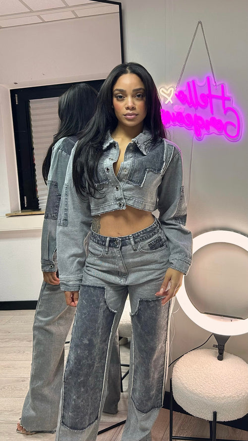 Grey Color Block Patchwork Denim Jacket