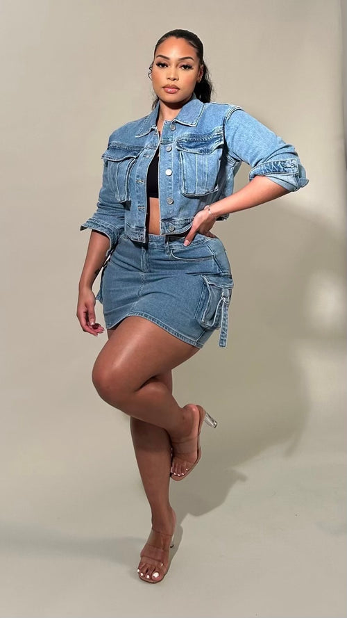 Amika Light Wash Cargo Denim Skirt