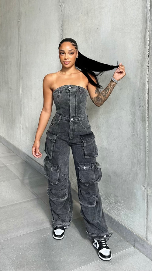 Grey Denim Multi Pockets Cargo Jumpsuit