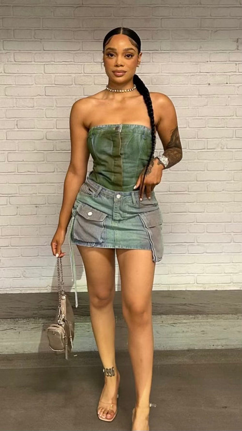 Olive Wash Multi pockets Cargo Denim Skirt