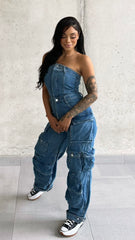 Blue Denim Multi Pockets Cargo Jumpsuit