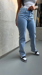 Rhinestone Straight Leg Jeans Blue