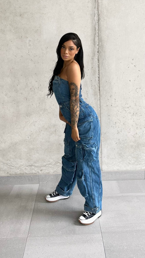 Blue Denim Multi Pockets Cargo Jumpsuit