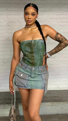 Olive Wash Denim Corset Top