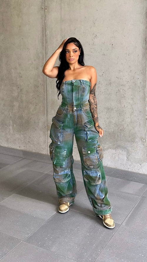 Acid Wash Multi Pockets Cargo Jumpsuit