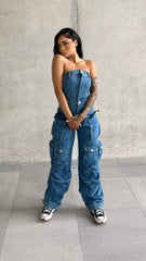 Blue Denim Multi Pockets Cargo Jumpsuit