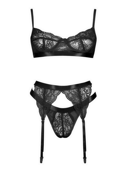 Lace Bralette Thong And Suspender Set