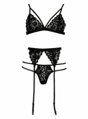 Strapping Lace Bralette Thong and Suspender Set