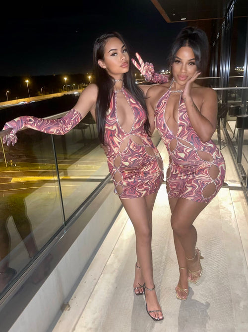 Slinky Abstract Print Cut Out Dress