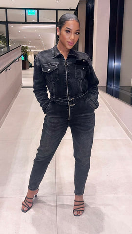 Grey Denim Multi Pockets Cargo Jumpsuit
