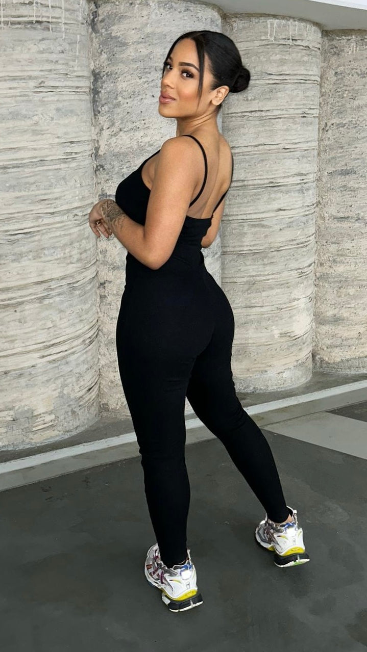Black Ribbed Strappy Jumpsuit