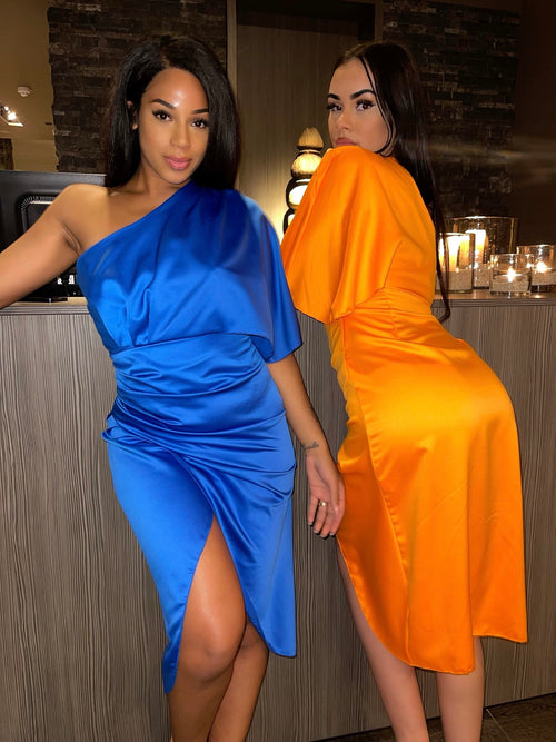 No Clue Satin Long Draped Dress