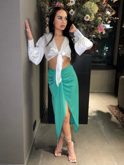 Green Tie Waist Wrap Skirt